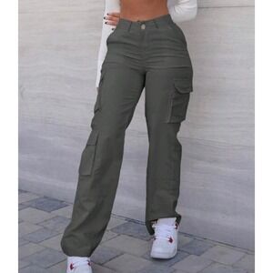SHEIN Charcoal Grey Wide Leg Cargo Pants Elastic Waist Utility Trousers Size L